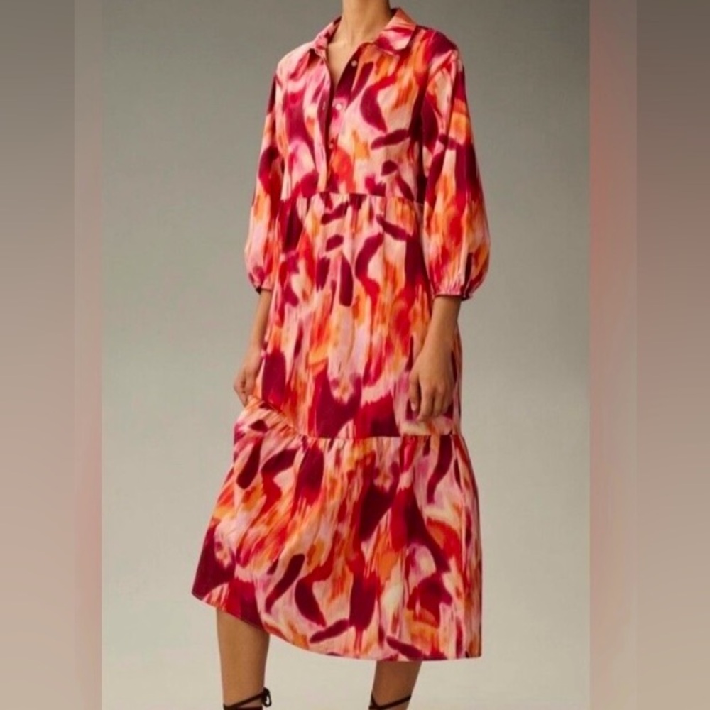 NWT Anthropologie Maeve Bettina Tiered Shirt Dress Dark Orange/ Red Size Medium